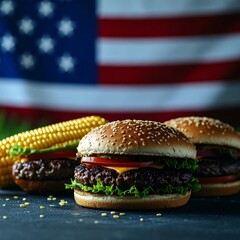 Delicious Grilled Burgers and Corn with American Flag Backdrop. US Independence Day AI Generated