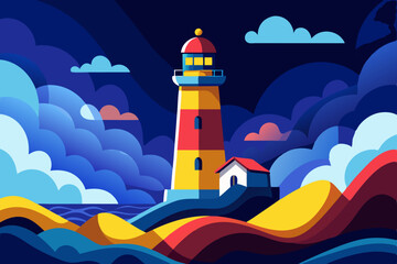 Flat Vector Illustration of a Colorful Lighthouse at Night with Stylized Ocean Waves and Glowing Light