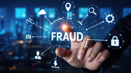 Obraz premium Hand pointing at a digital display showing the word fraud.