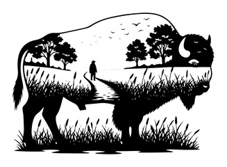 bison silhouette with grassland hiker scene © Mago