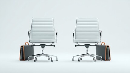 Two identical office chairs with matching briefcases symbolizing workplace fairness for Equal Pay Day