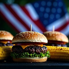Juicy Grilled Burger with Corn and American Flag in Background. AI Generated