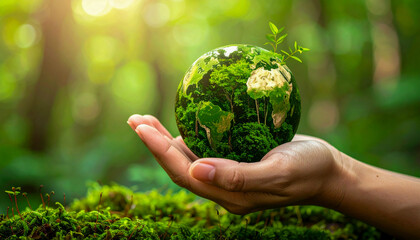 Hands holding globe showing lush green forest promoting environmental conservation