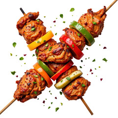 chicken wings on a skewer with bell peppers and onions, on transparent background