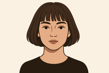 Portrait of a beautiful young woman with a modern bob hairstyle and bangs. Vector illustration of a brunette girl's head. Concept for beauty salon, hairdresser, fashion, avatar.