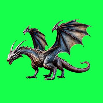 Mythical two-headed dragon animation, transparent 4K video, green screen
