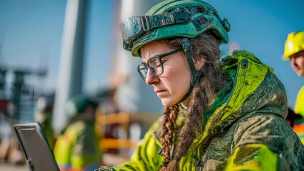 Focused female engineer in safety gear using a laptop at a wind turbine site, highlighting renewable energy and technology - Powered by Adobe