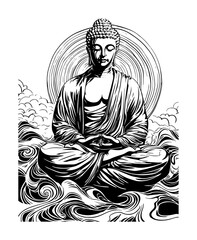buddha meditating in clouds with spiritual aura