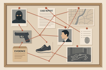 Detective evidence board for a murder investigation. Police case file with photos of a suspect, weapon, and crime scene clues connected by red string. Criminology and mystery concept.