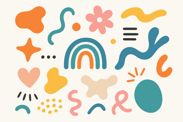 Set of hand drawn abstract organic shapes. Big collection of various doodle elements for creative design. Modern contemporary minimalist trendy graphic resources with flower, rainbow.