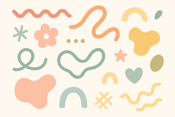 Hand drawn abstract shapes set. Collection of cute organic doodle elements in pastel colors. Modern minimalist graphic design assets for decoration, posters, social media.