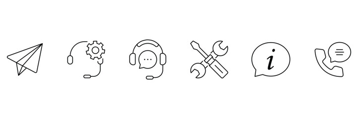 Customer service and support outline icons collection. Support and service icons for web and mobile app. Online help, assistance, customer, 24 hrs, service and more. Vector illustration.