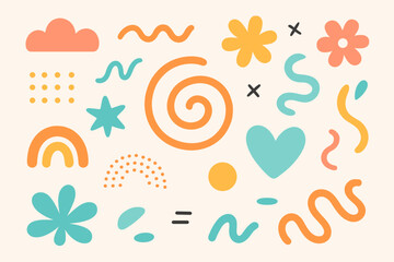 Set of colorful abstract shapes and doodle elements. Playful hand drawn paper cutout style illustration with rainbow, heart, flower, and star. Modern minimalist boho design icons.