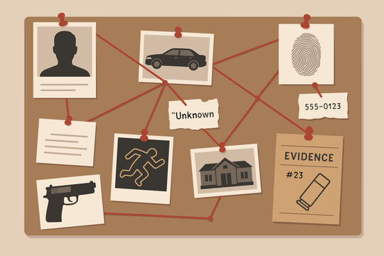 Detective evidence board for a crime investigation with red string connections. Police wall showing clues, photos of suspect, gun, and fingerprint. Murder mystery and conspiracy concept.