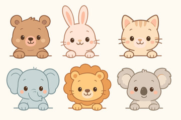 Set of cute peeking animals. Kawaii cartoon character collection of bear, rabbit, cat, elephant, lion, koala. Adorable vector illustration for baby shower and nursery decor.