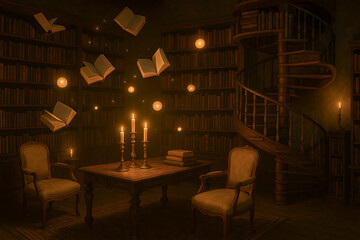 A mystical library with floating open books, glowing orbs, candlelight, antique furniture, and a spiral staircase, evoking an enchanting and magical atmosphere.