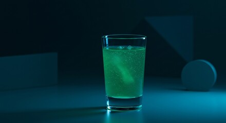 A glass of green liquid with ice cubes on a blue surface with geometric shapes in the background