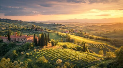 Tuscan Landscape with Vineyard and Cypress Trees at Sunset