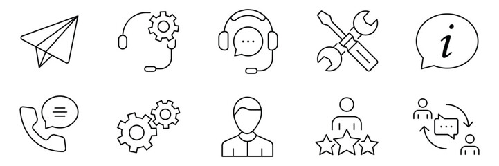 Customer service and support 10 outline icons collection. Support and service icons for web and mobile app. Online help, assistance, customer, 24 hrs, service and more. Vector illustration.