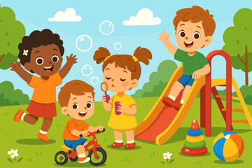 Happy diverse children play in summer park playground. Cute kids on slide, bike, blowing bubbles. Vector cartoon illustration for kindergarten, preschool, daycare. Childhood friendship.