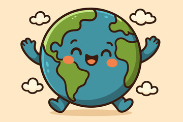 Cute happy Earth cartoon character. Smiling planet globe mascot walking joyfully. Environmental conservation and ecology concept for Earth Day. Save the world vector illustration.