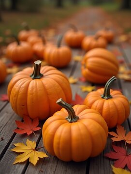 Autumn pumpkins on wood, fall leaves photofraphy