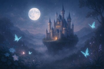 Fantasy Castle Floating in the Misty Moonlight with Magical Atmosphere
