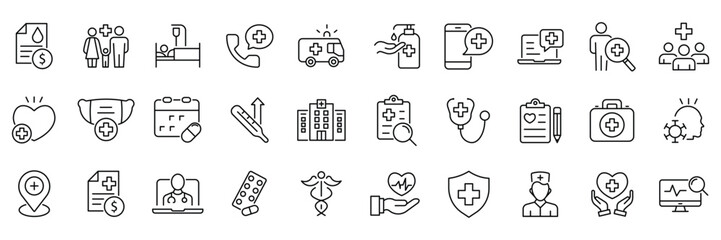 30 Digital healthcare and telemedicine. Medicine and Health Care outline icon. Containing emergency, doctor, treatment, medical, report, diagnosis, health, prevention. vector illustration.