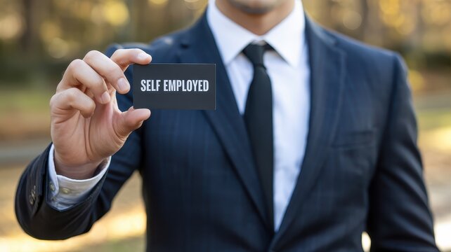 Businessman holds a business card that reads "self-employed".