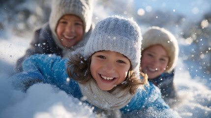 Joyful Children Sledding Down a Snowy Hill in Winter Sunshine