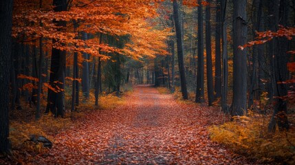 Autumn Forest Path with Orange Leaves