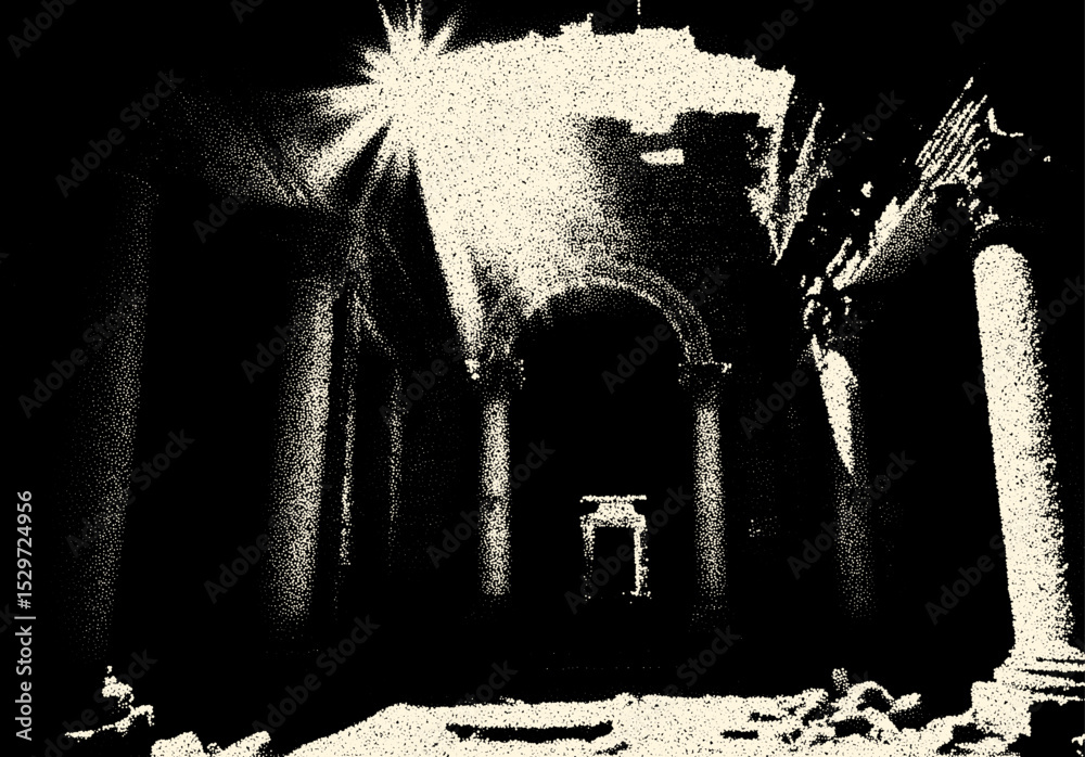 Poster Ancient ruins in sci-fi scene with dotwork retro style. Mysterious gate debris with dramatic lights and retro texture