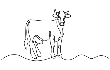 Continuous one line drawing dairy cow. Cattle. Dairy industry. Milk. Side view of a cow. One continuous line isolated minimal illustration.