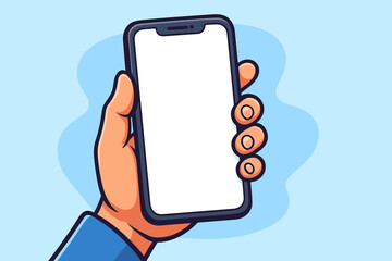 Cartoon hand holding a modern smartphone with a blank white screen. Mobile phone mockup template for presentation, app UI design, or advertising. Vector illustration concept.