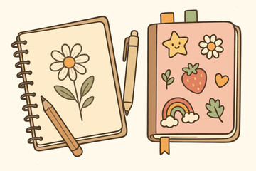 Creative sketchbook and journal vector illustration. Cute hand-drawn doodle art with flower, strawberry, rainbow, and star. Concept for hobbies, journaling, school, scrapbooking.