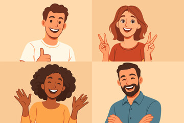 Set of diverse happy people portraits. Multicultural men and women smiling. Vector cartoon characters collection. Avatars with positive emotions, gesturing thumbs up and peace.