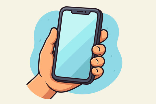 Hand holding smartphone with blank screen. Cartoon vector illustration for mobile app mockup. Cellphone device in hand for technology, communication or business presentation.