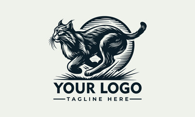 Dynamic engraved black and white illustration of a powerful lynx in a running pose. Wildlife and speed concept
