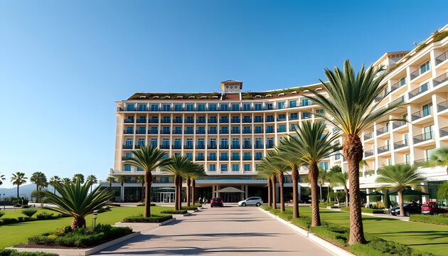 Exterior view of a large hotel with palm trees lining the driveway on a sunny day with a clear blue sky