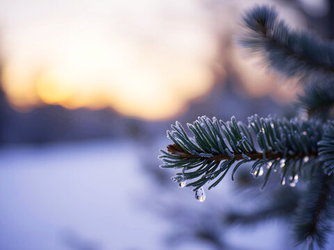 Icy Pine Needles in Twilight – Tranquil Winter Scene