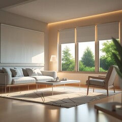 Fototapeta premium A detailed and realistic photograph of a serene modern minimalist living room, evoking a sense of calmness and sophistication, with a predominantly neutral color palette featuring soft grays.