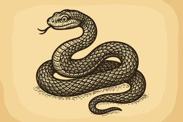 Engraved snake illustration in a vintage woodcut style. Coiled serpent with forked tongue, retro hand-drawn reptile drawing. Mystic animal symbol, herpetology art, esoteric tattoo.