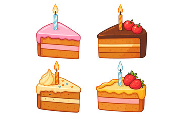 Set of cartoon birthday cake slices with candles. Vector illustration of sweet dessert pieces for a party celebration. Chocolate, strawberry, cherry, and vanilla pastry icons.