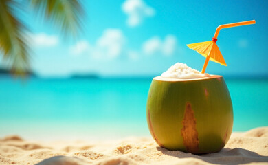 Tropical coconut cocktail with a straw on beach in sunny day on turquoise sea background. Selective focus.