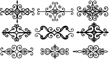 Set of nine decorative vector ornaments in black color for elegant and vintage design purposes.