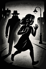 Scared woman running from a stalker in a dark city alley at night. Film noir crime scene concept of danger, fear, pursuit, and suspense. Man silhouette chasing a female victim.