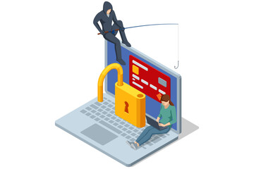 Isometric depiction of a hooded hacker reeling in a credit-card panel from a computer screen, surrounded by broken shield and alert icons, illustrating a phishing attack.