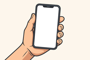 Cartoon hand holding a smartphone with a blank white screen. Mobile phone mockup template for app presentation or website design. Vector illustration of a person using a modern cellphone.