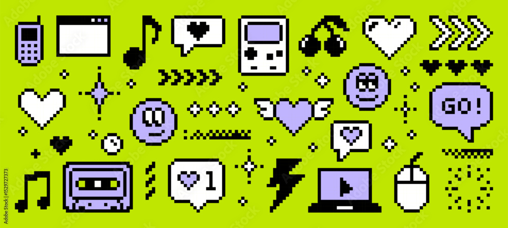 Fototapete y2k pixel art icon collection with retro digital elements. fun cartoon symbols for video game, socia