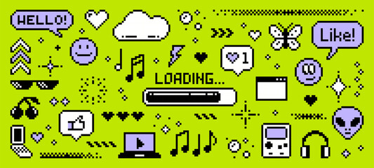 A diverse y2k pixel art icon collection. Pixelated internet, video game, and music symbols for digital design. Vector graphics. © hiten666